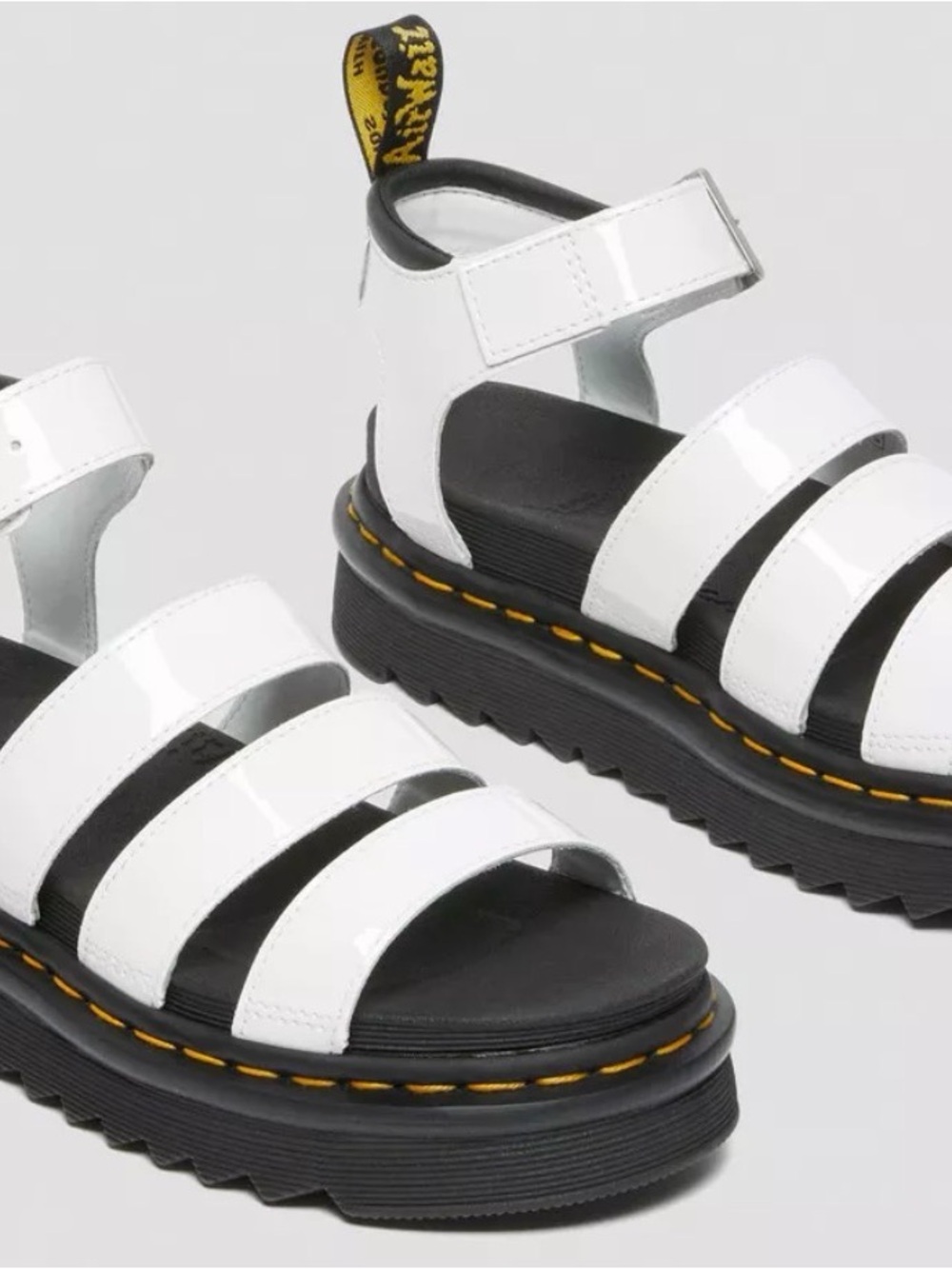 Dr. Martens Women’s Sandal, Sz10, White Patent Platform with Yellow Stitching